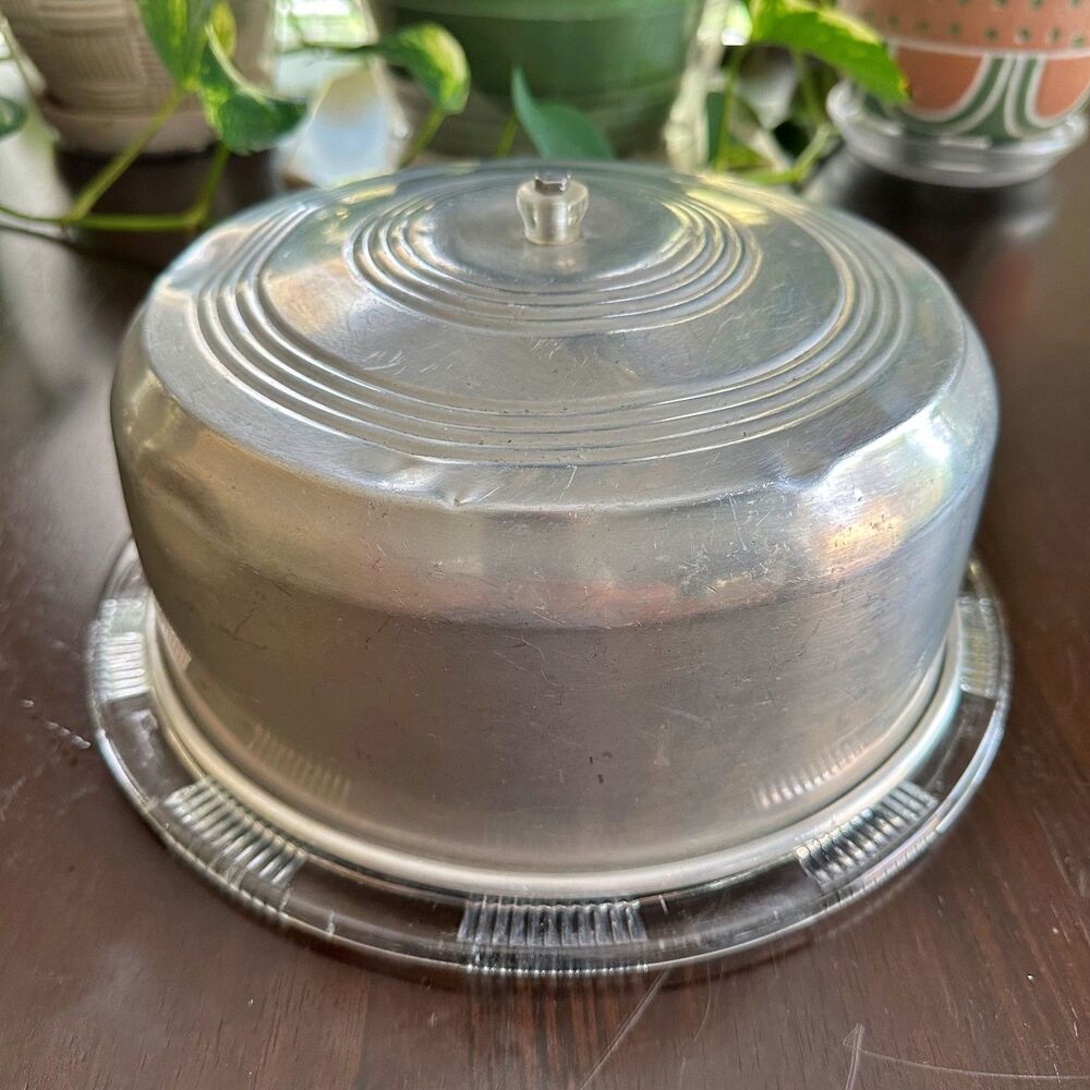 Vintage Glass Cake Plate w/ Aluminum Cover 40's 50's Era Collectible Cottagecore